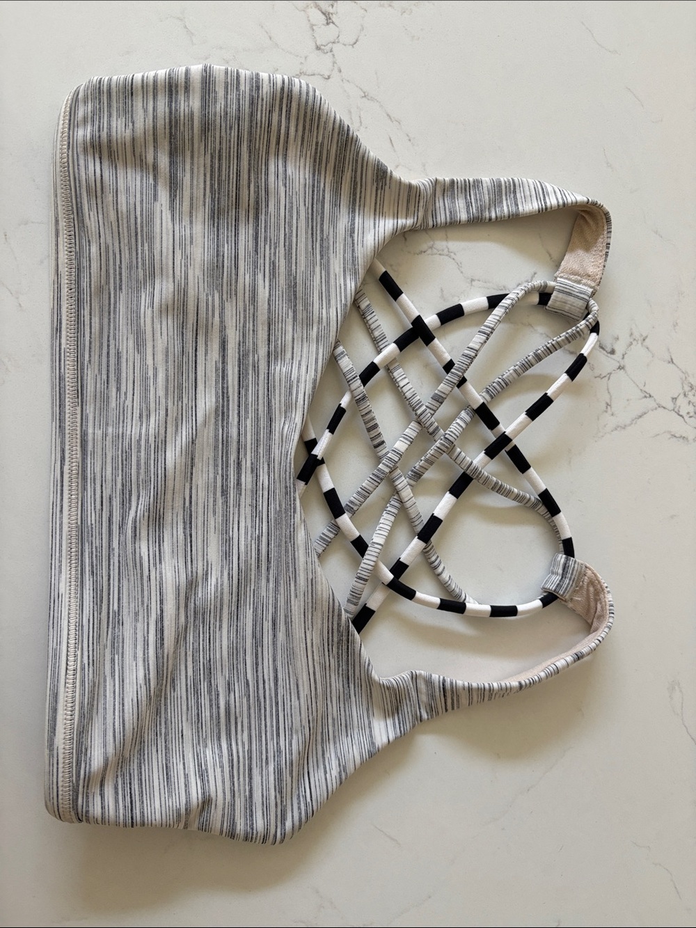 Lululemon * Striped Gray, White and Black Crisscross Sports Bra * XS